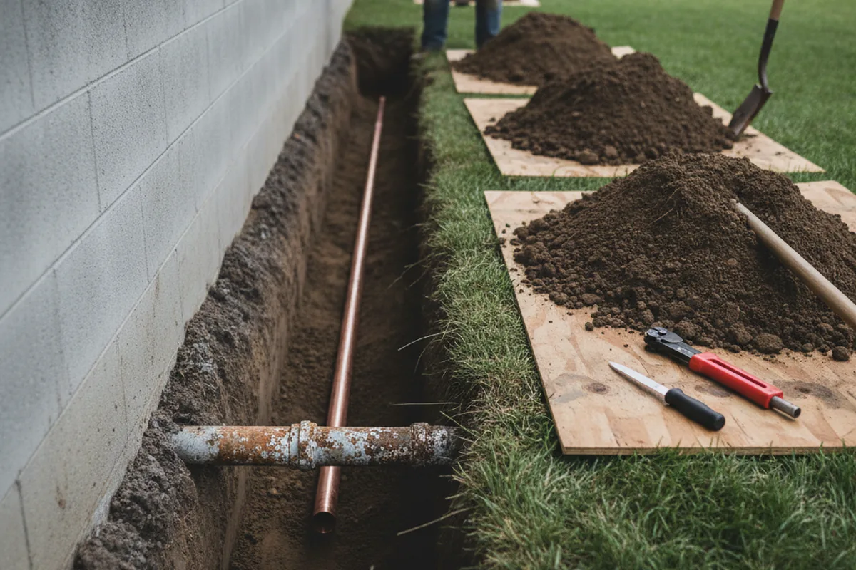 Excavated water line trench during Sewer Line Repair in Pleasant View